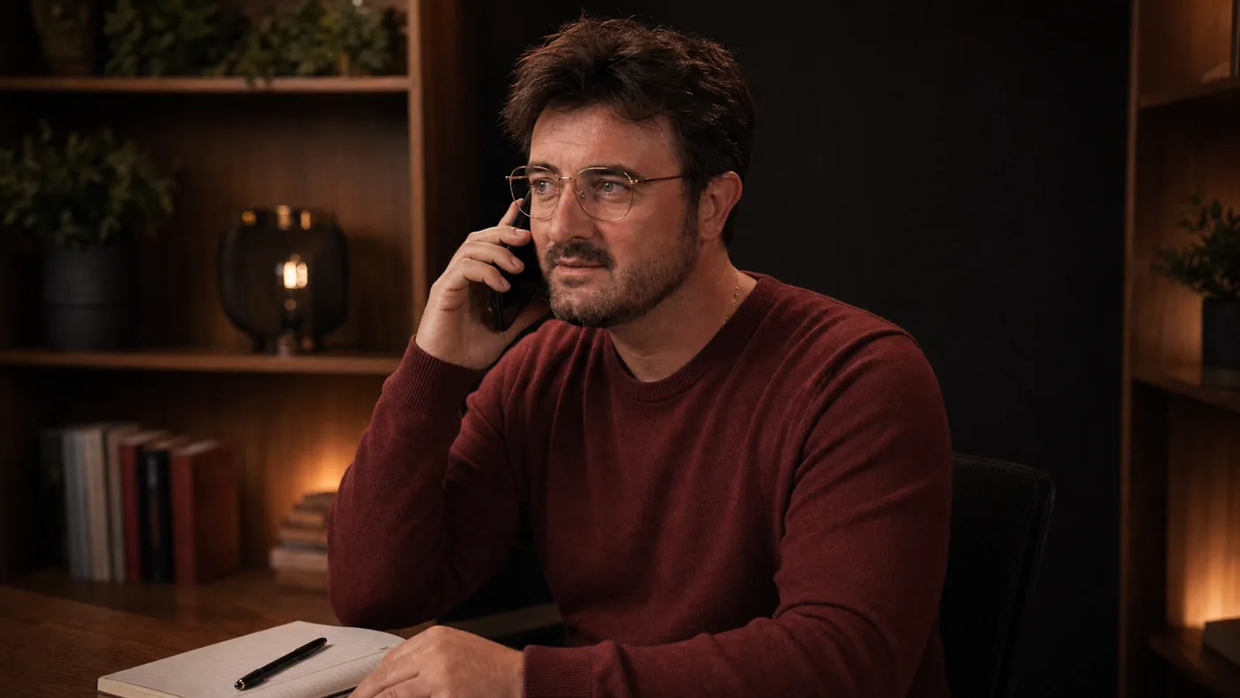 Petros Sipakis am Telefon, vor ihm ein Notizblock